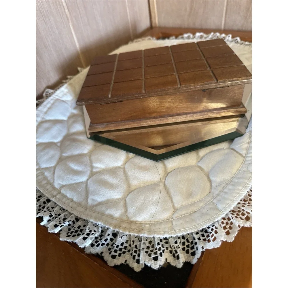 Vintage Carved Wooden Jewelry Box Orange Felt Lined Hinged Lid Box Square Design